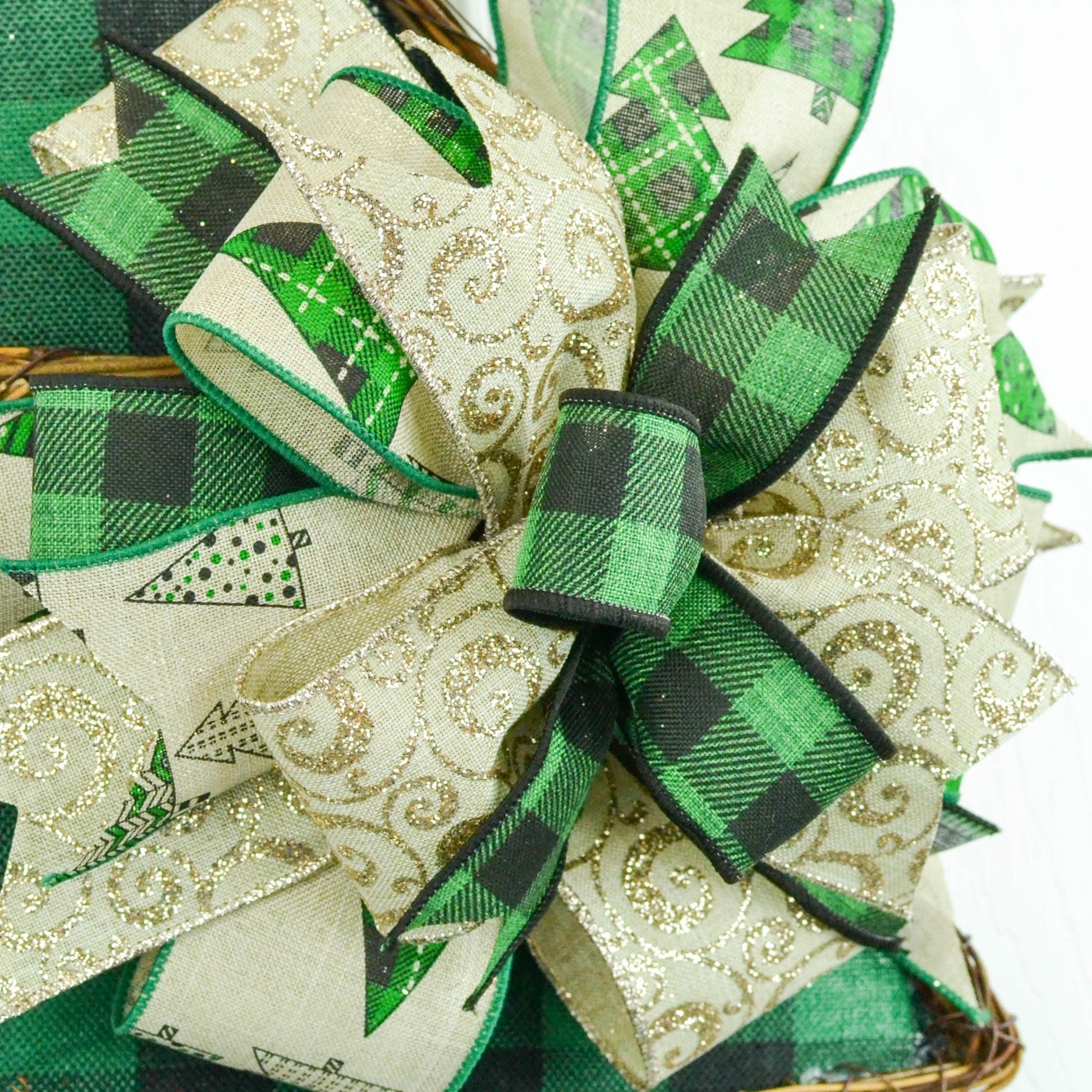 Christmas Tree Buffalo Plaid Winter Grapevine Wreath - Christmas Door Hanger Oversized Bow Jute Burlap Door Decor ; Emerald Green Black Brown - Pink Door Wreaths