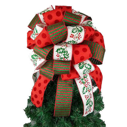 Christmas Tree Topper Bow, Red, Green and White Decor | Holiday Tree Bow with Streamers - Pink Door Wreaths