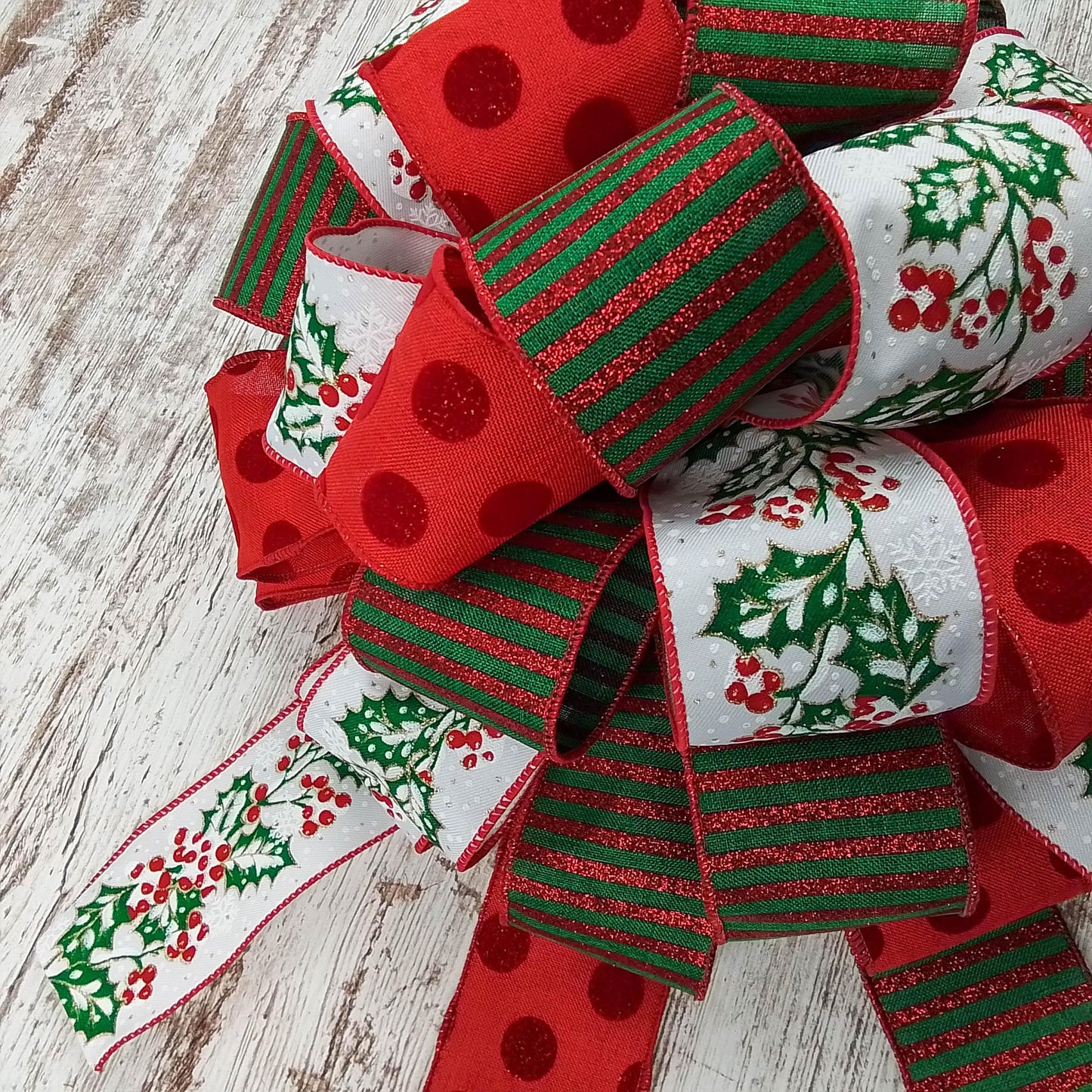 Christmas Tree Topper Bow, Red, Green and White Decor | Holiday Tree Bow with Streamers - Pink Door Wreaths