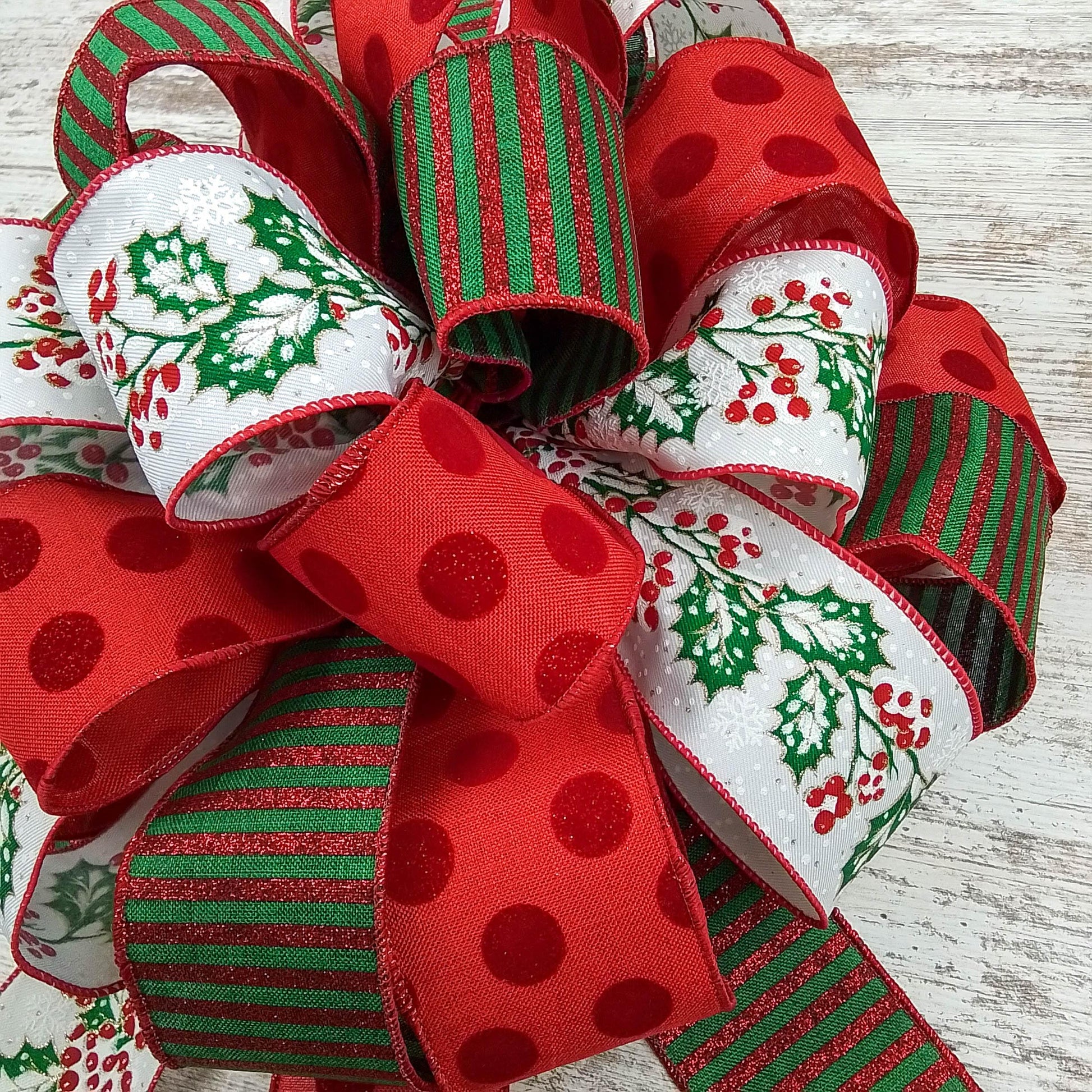 Christmas Tree Topper Bow, Red, Green and White Decor | Holiday Tree Bow with Streamers - Pink Door Wreaths