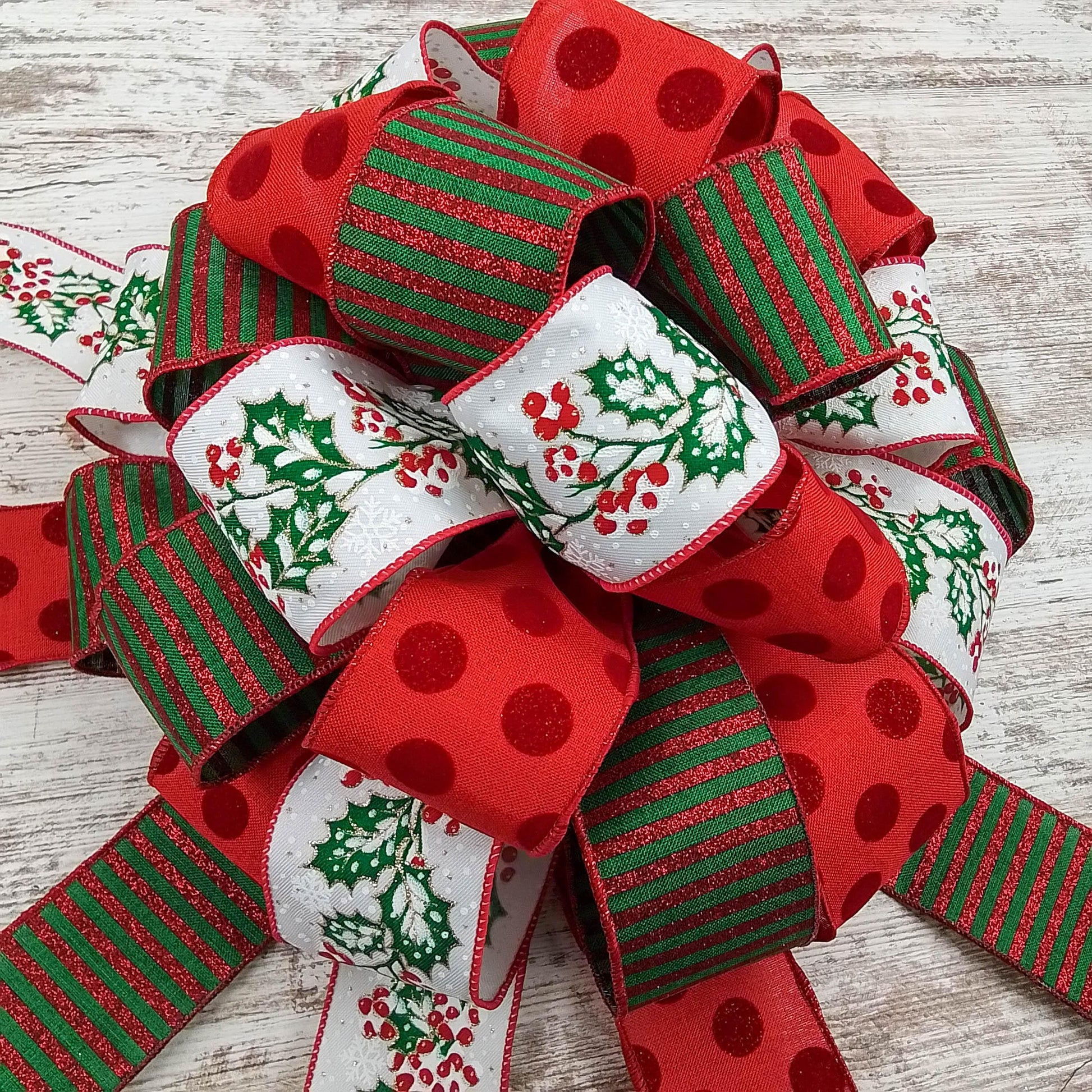 Christmas Tree Topper Bow, Red, Green and White Decor | Holiday Tree Bow with Streamers - Pink Door Wreaths