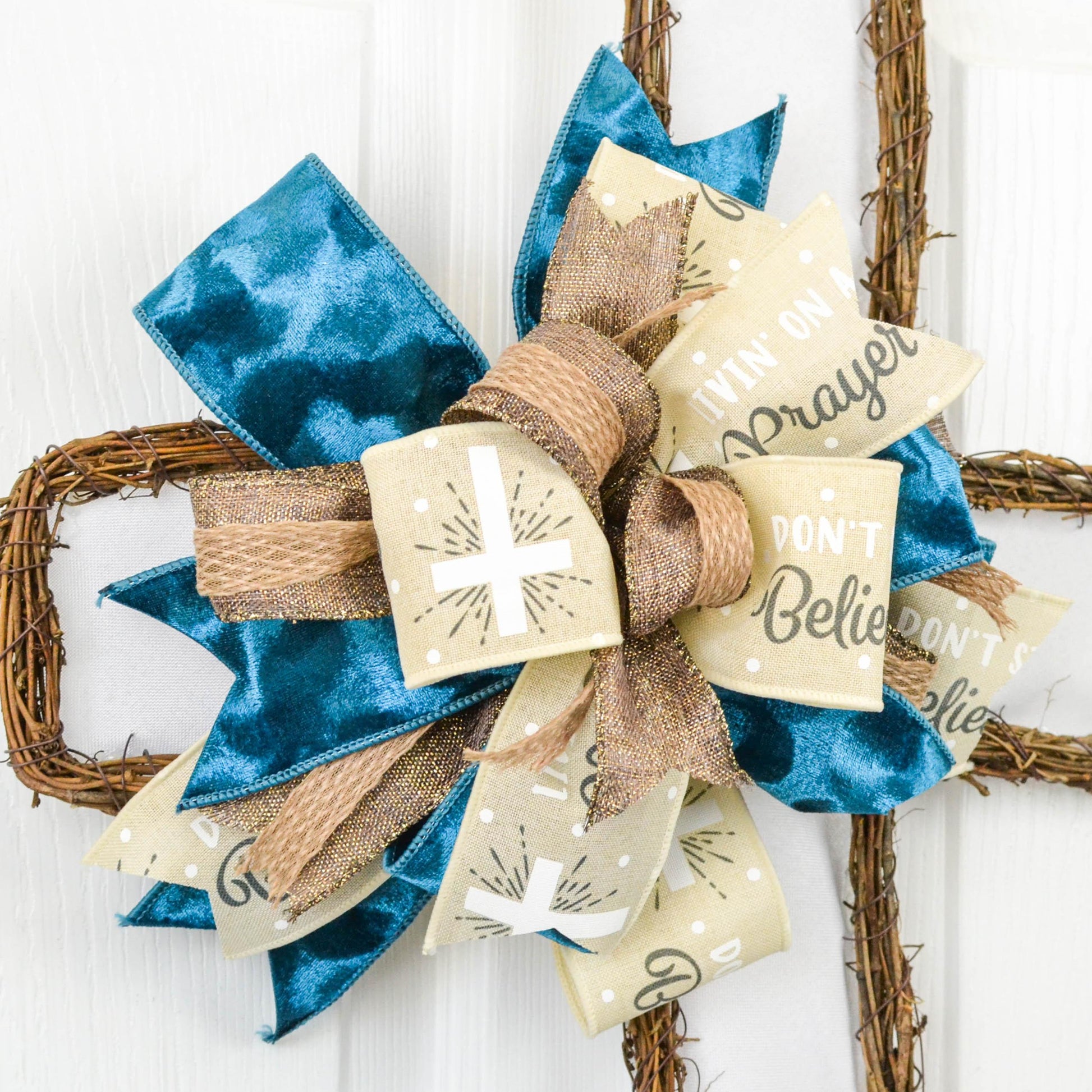 Cross Grapevine Wreath - Easter Cross Door Hanger Oversized Bow Door Decor; Brown Cream Dark Blue - Pink Door Wreaths