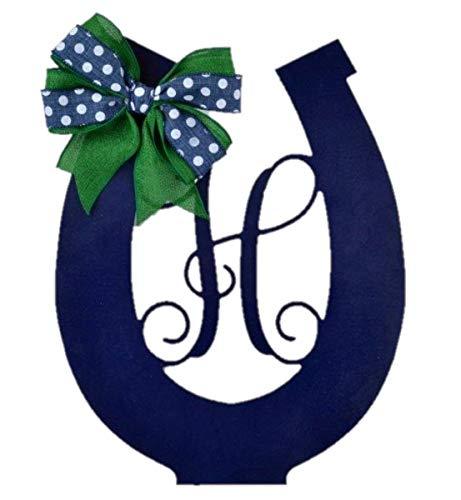 Derby Party Decor | Wooden Horseshoe Monogram Door Hanger | Navy Blue Emerald Green - Pink Door Wreaths