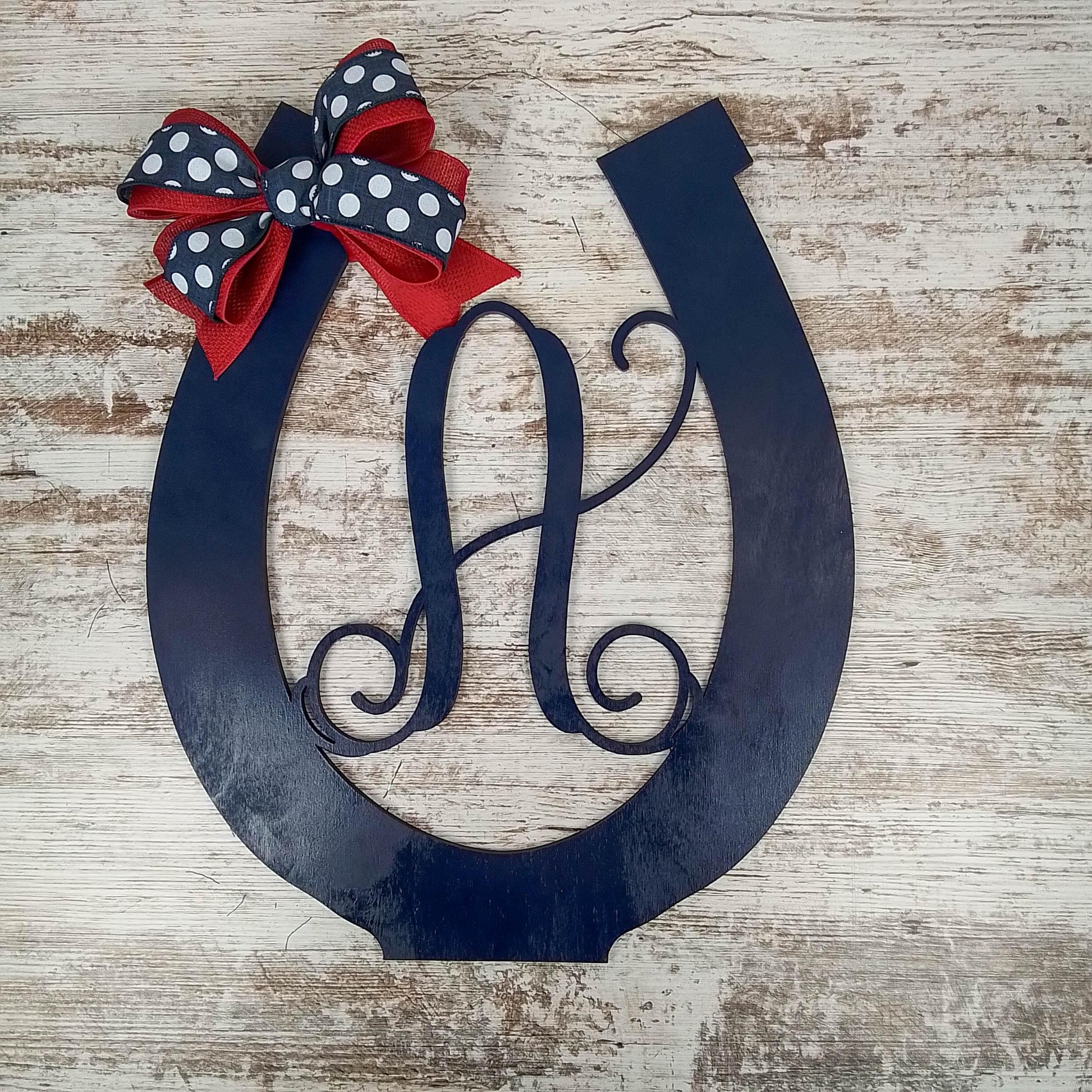 Derby Party Decor | Wooden Horseshoe Monogram Door Hanger | Navy Blue Emerald Green - Pink Door Wreaths