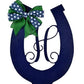 Derby Party Decor | Wooden Horseshoe Monogram Door Hanger | Navy Blue Emerald Green - Pink Door Wreaths