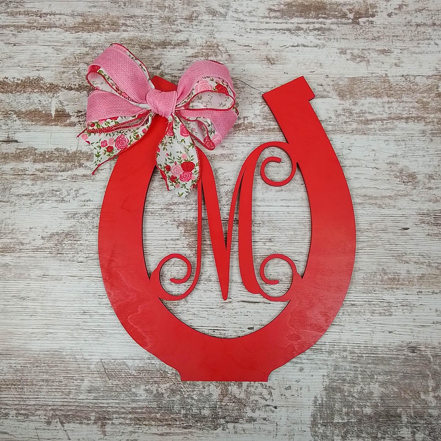 Derby Party Decor | Wooden Horseshoe Monogram Door Hanger | Red Pink White Roses - Pink Door Wreaths