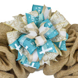 Easter Cross Aqua Gold Lantern Wreath Bow - Burlap Wreath Embellishment for Making Your Own - Layered Full Handmade Farmhouse Already Made (Jesus Cross (Aqua/White/Champagne Gold)) - Pink Door Wreaths