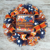 Falling Leave and Pumpkins Please Door Wreaths | Thanksgiving Deco Mesh Wreath | Mustard Navy Orange Burlap - Pink Door Wreaths