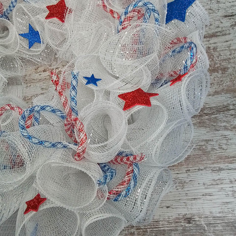 Flag American Fourth of July Independence Day Mesh Door Wreath - Red White Royal  Blue Stars