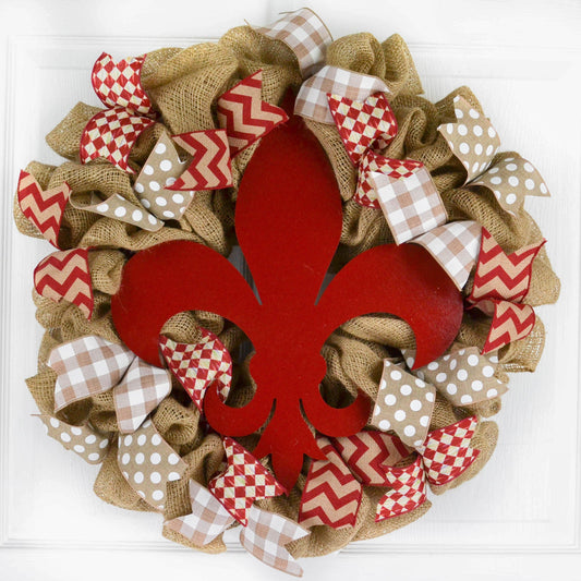 Fleur de Lis Wreath | Burlap Door Wreath | Red White Wreath - Pink Door Wreaths