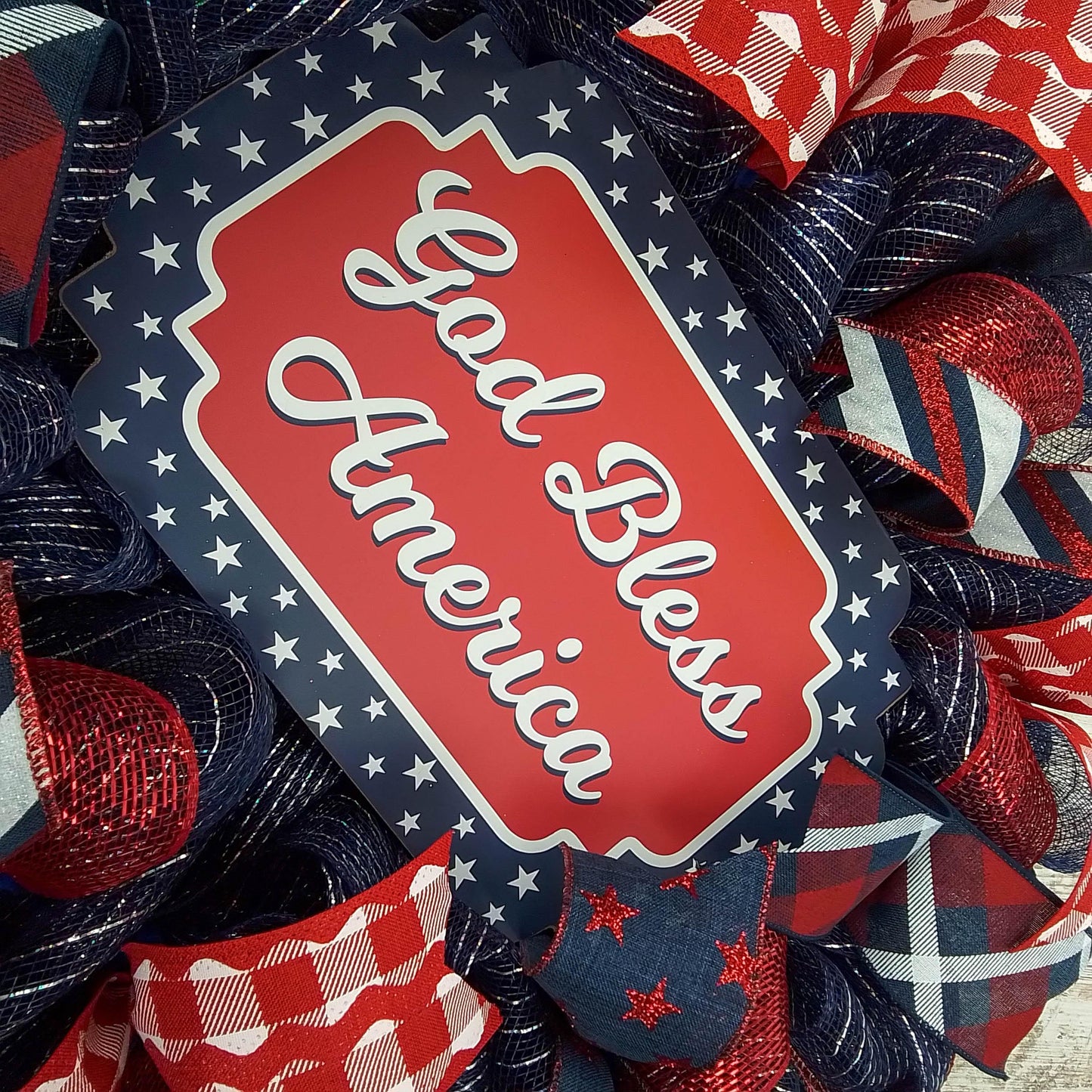 Fourth of July Independence Day Mesh Door Wreath - Red White Navy Blue Silver - God Bless America - Pink Door Wreaths