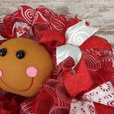 Gingerbread Wreath | Outdoor Christmas Wreath | Mesh Front Door Wreath | Red Brown White - Pink Door Wreaths
