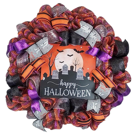 Graveyard Happy Halloween Front Door Mesh Wreaths | Black Orange Purple Silver Wreath - Pink Door Wreaths