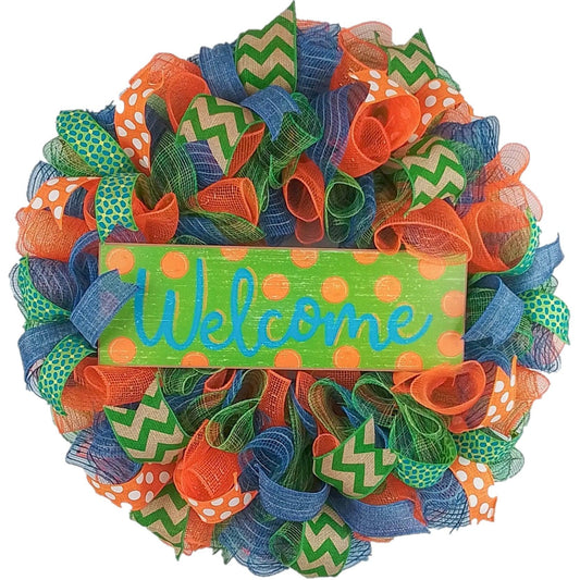 Green Summer Spring Welcome Deco Mesh Wreath | Orange Lime Green Denim Blue Jean Blue - Pink Door Wreaths