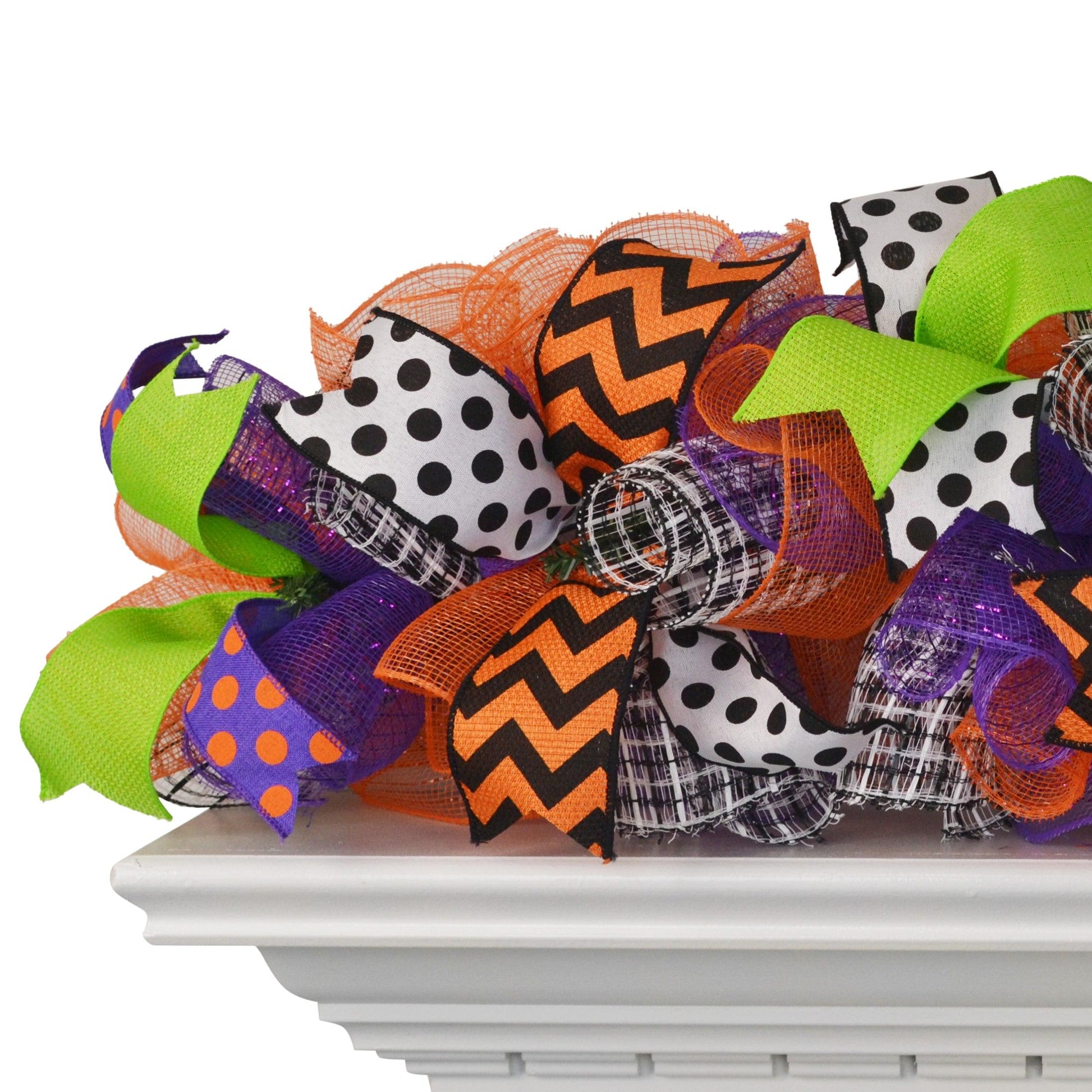 Halloween Garland for Staircase or Mantle - Mantel Decor - Purple Orange Lime Green Black White H2 - Pink Door Wreaths