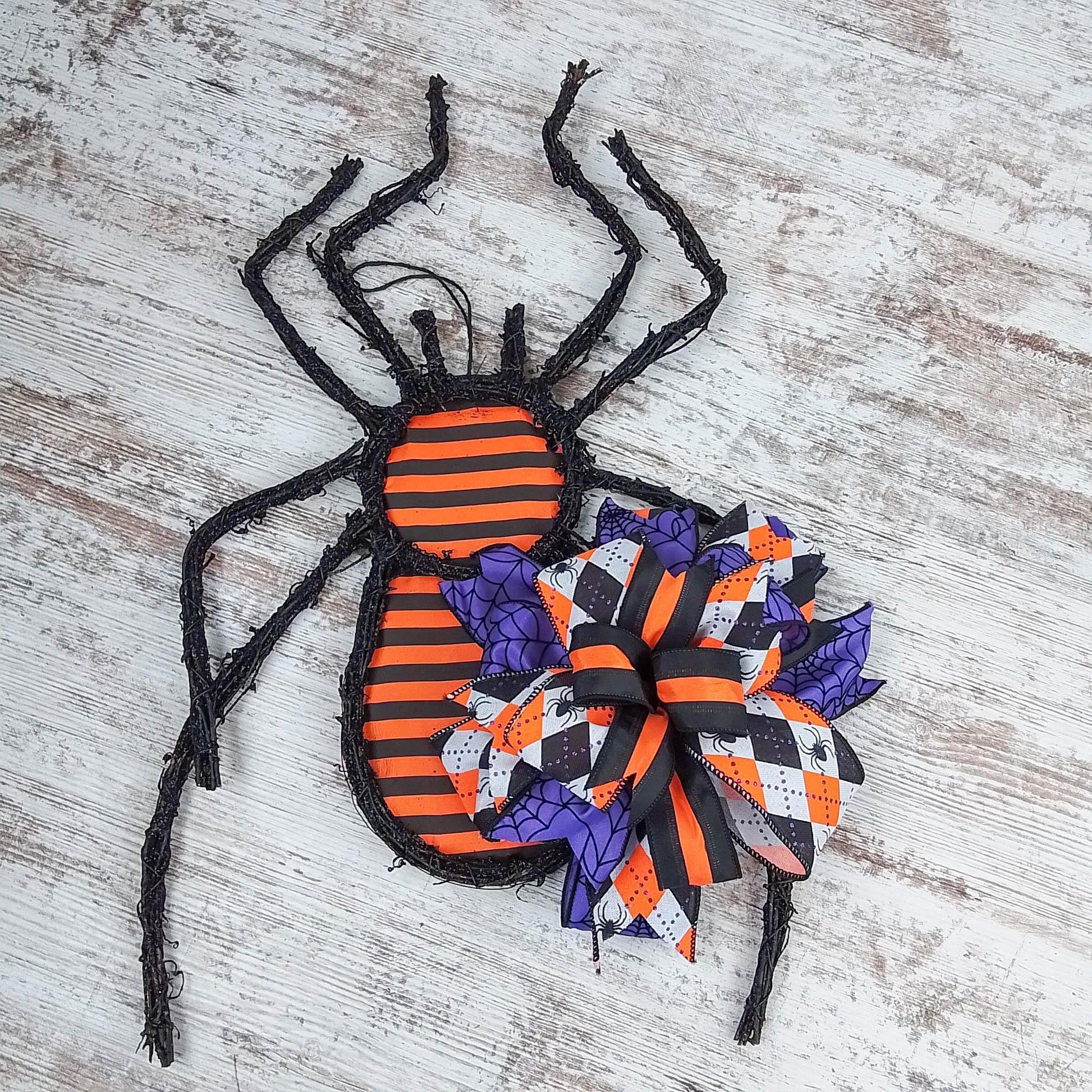 Halloween Spider Grapevine Wreath - Plaid Door Hanger Oversized Bow Jute Burlap Door Decor; Orange Black Purple - Pink Door Wreaths
