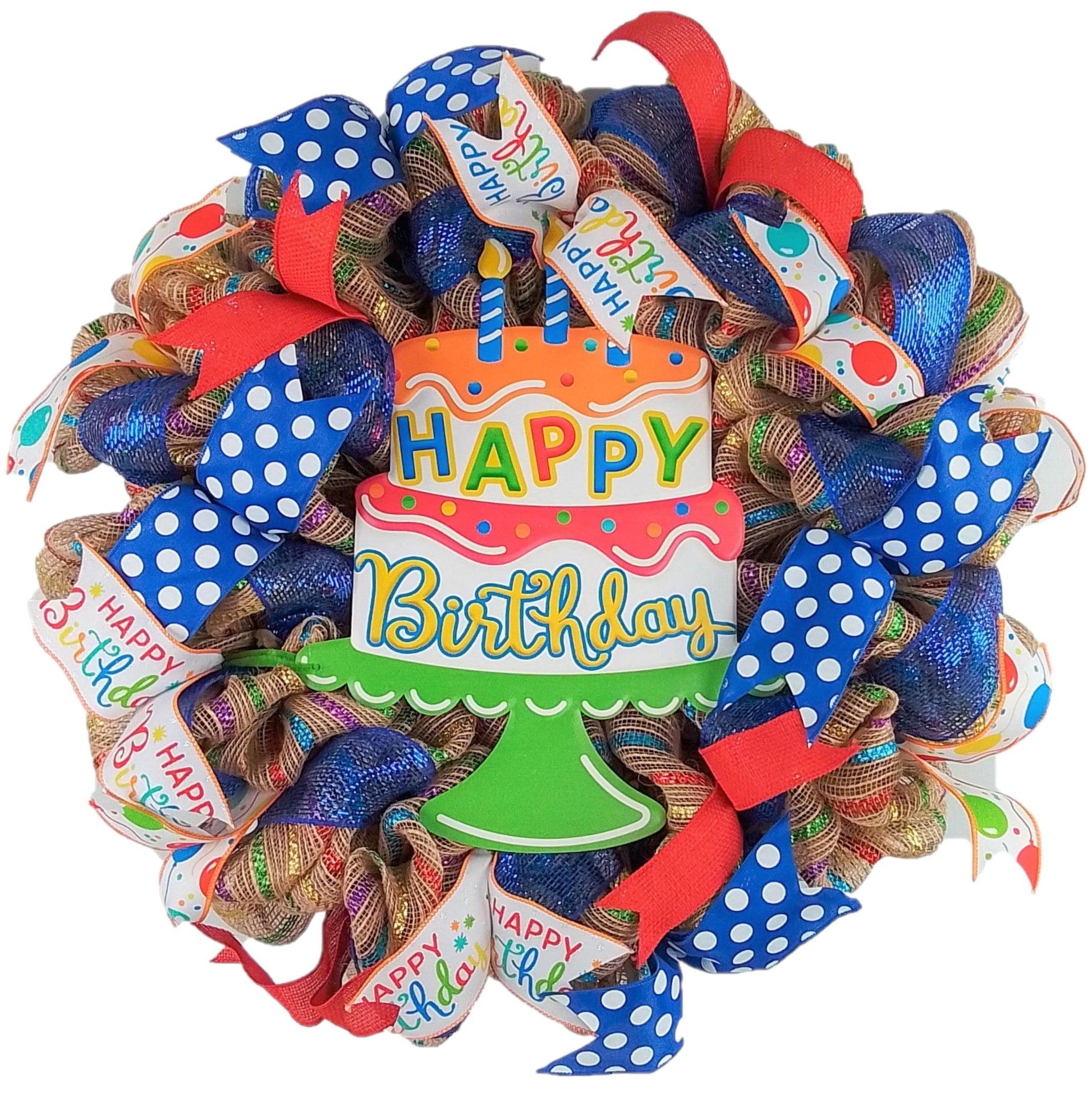 Happy Birthday Cake Wreath for Front Door - Family Happy Birth Day Decor - Pink Red Blue White Yellow - Pink Door Wreaths