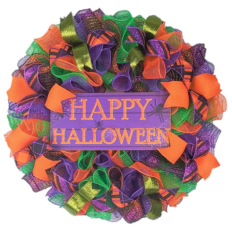Happy Halloween Mesh Door Wreath | Purple Orange Black Lime Green - Pink Door Wreaths