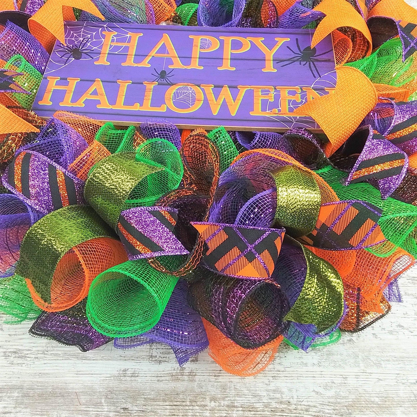 Happy Halloween Mesh Door Wreath | Purple Orange Black Lime Green - Pink Door Wreaths