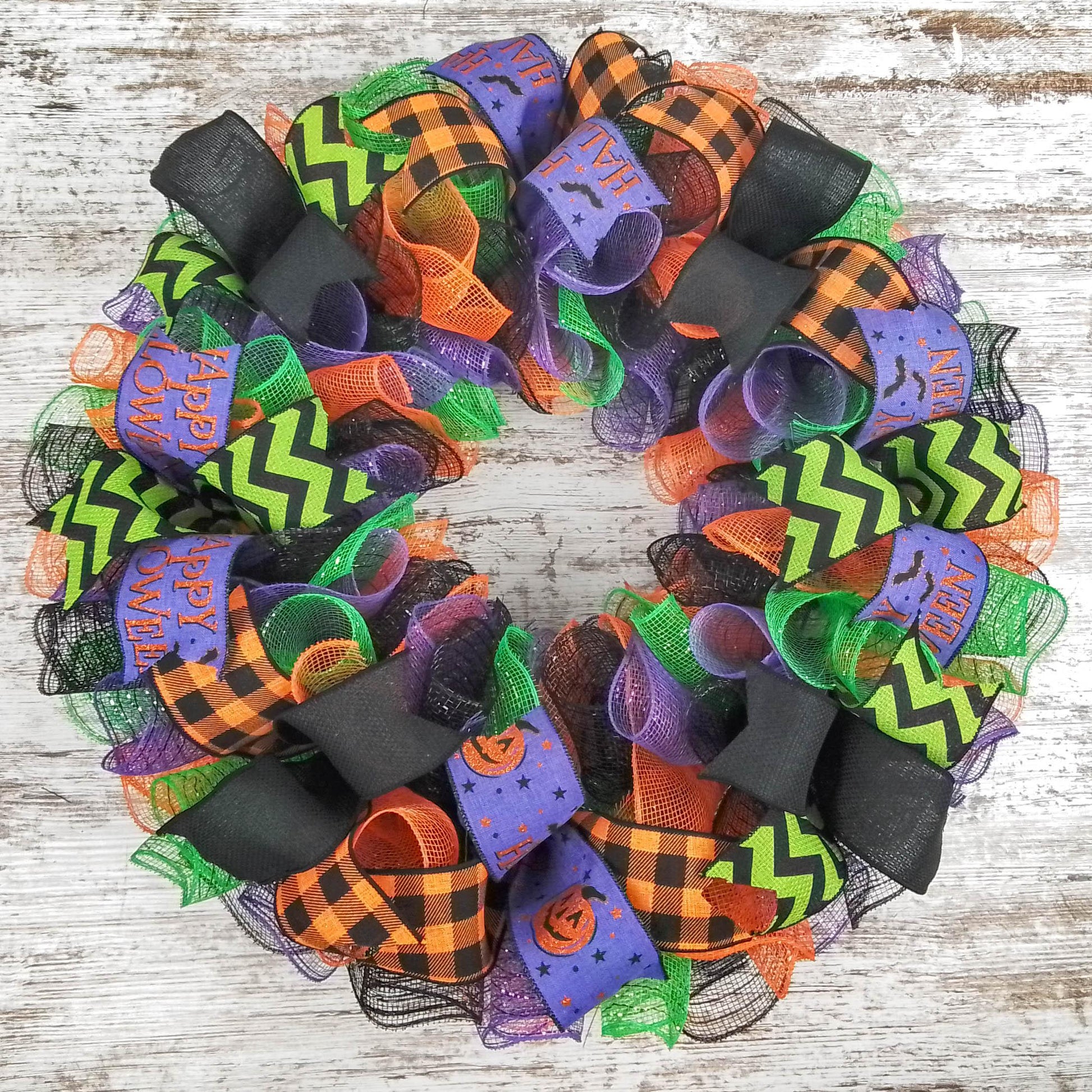 Happy Halloween Wreath - Purple Orange Black Deco Mesh Outdoor Front Door Porch Decor - Pink Door Wreaths