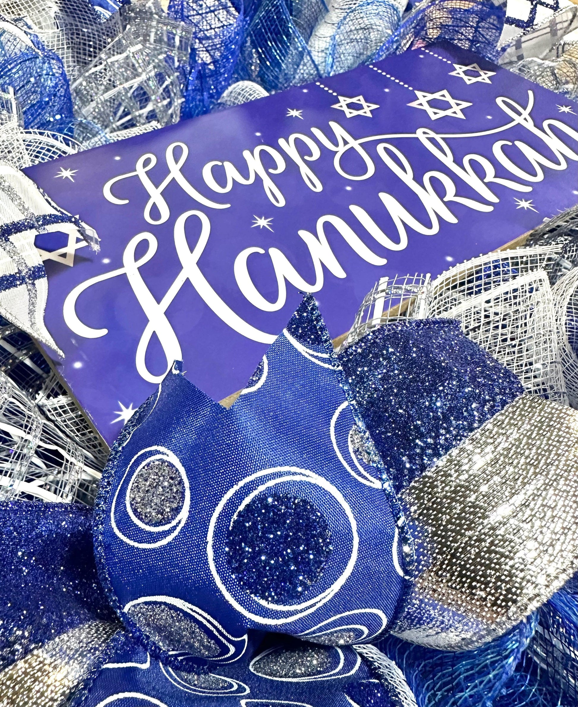 Happy Hanukkah Wreath - Winter Mesh Door Wreath - Royal Blue, White, Silver - Pink Door Wreaths