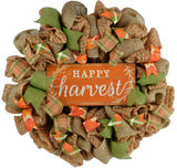 Happy Harvest Fall Wreath | Thanksgiving Deco Mesh Front Door Wreath; Brown Orange Green Burlap - Pink Door Wreaths