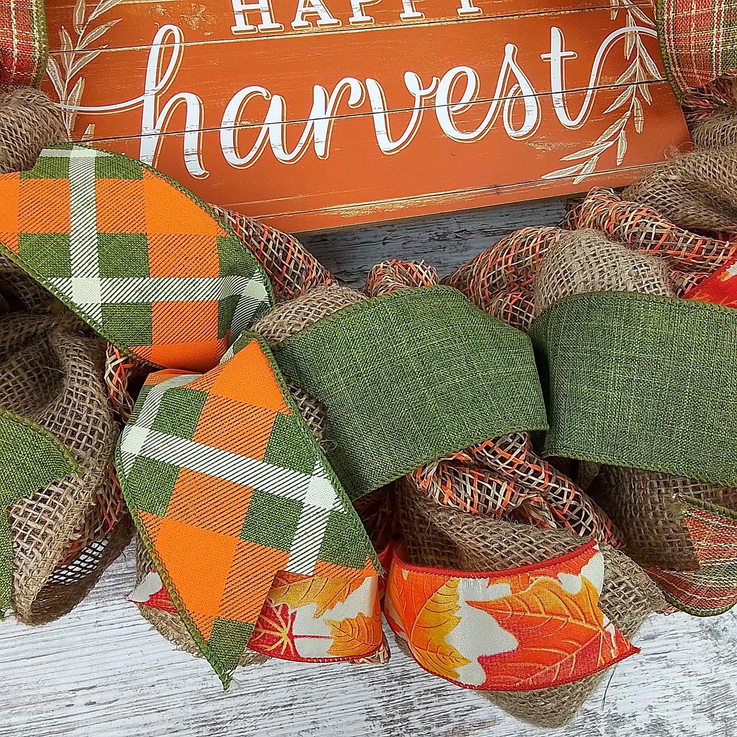 Happy Harvest Fall Wreath | Thanksgiving Deco Mesh Front Door Wreath; Brown Orange Green Burlap - Pink Door Wreaths