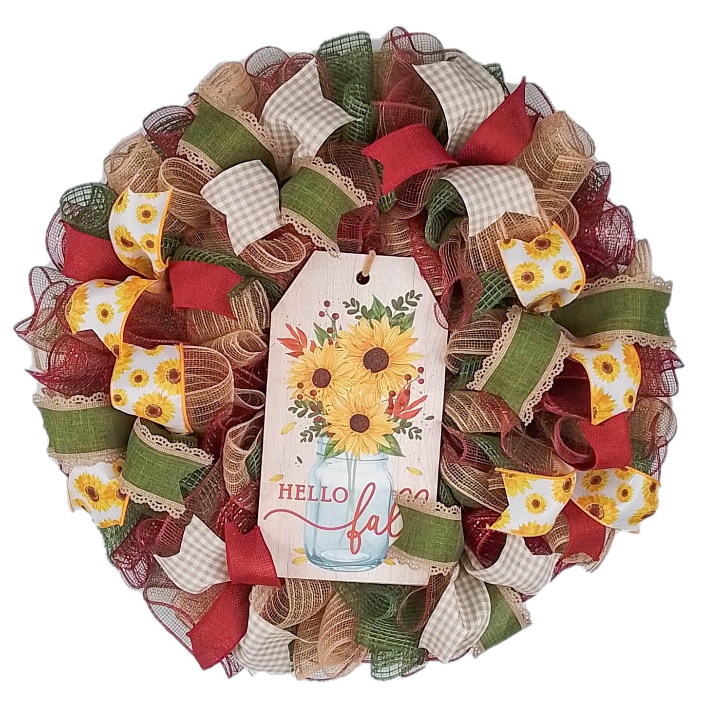 Hello Fall Sunflower Mesh Front Door Wreath - Burlap Thanksgiving - Yellow Brown Burnt Orange Red - Pink Door Wreaths