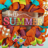 Hello Summer Wreath | Orange Burlap Wreath | Colorful Outdoor Mesh Wreath - Pink Door Wreaths