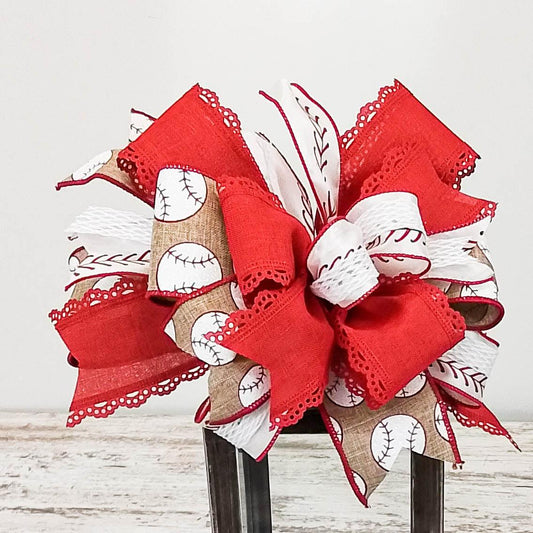 Lantern Wreath Bow - Burlap Wreath Embellishment for Making Your Own - Layered Full Handmade Farmhouse Already Made (Baseball (Tan/Red) - Pink Door Wreaths