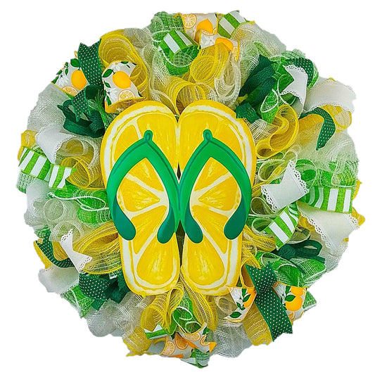 Lemon Flip Flop Wreath - Spring Summer Welcome Deco Mesh Decor - Yellow Lime Green White - Pink Door Wreaths