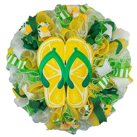 Lemon Flip Flop Wreath - Spring Summer Welcome Deco Mesh Decor - Yellow Lime Green White - Pink Door Wreaths