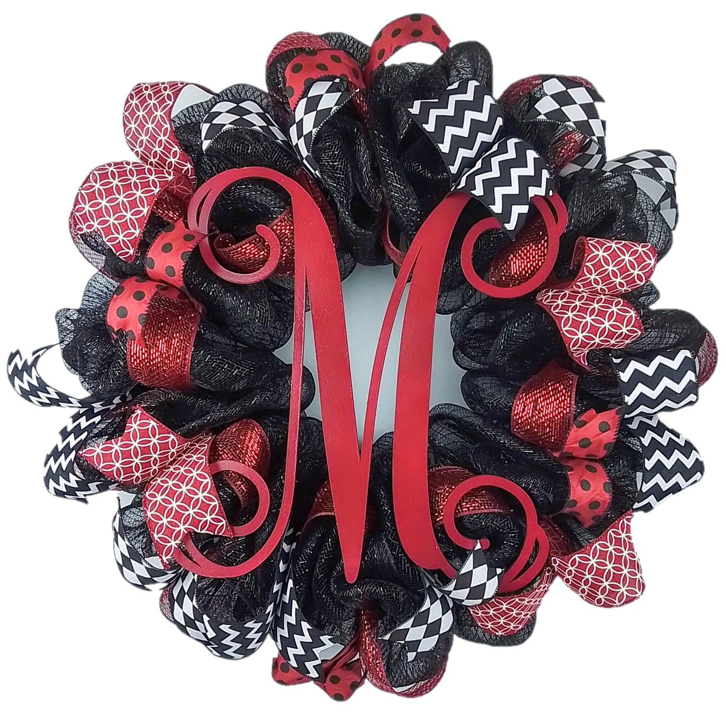 Monogram Everyday Mesh Door Wreath | Black Maroon White - Pink Door Wreaths