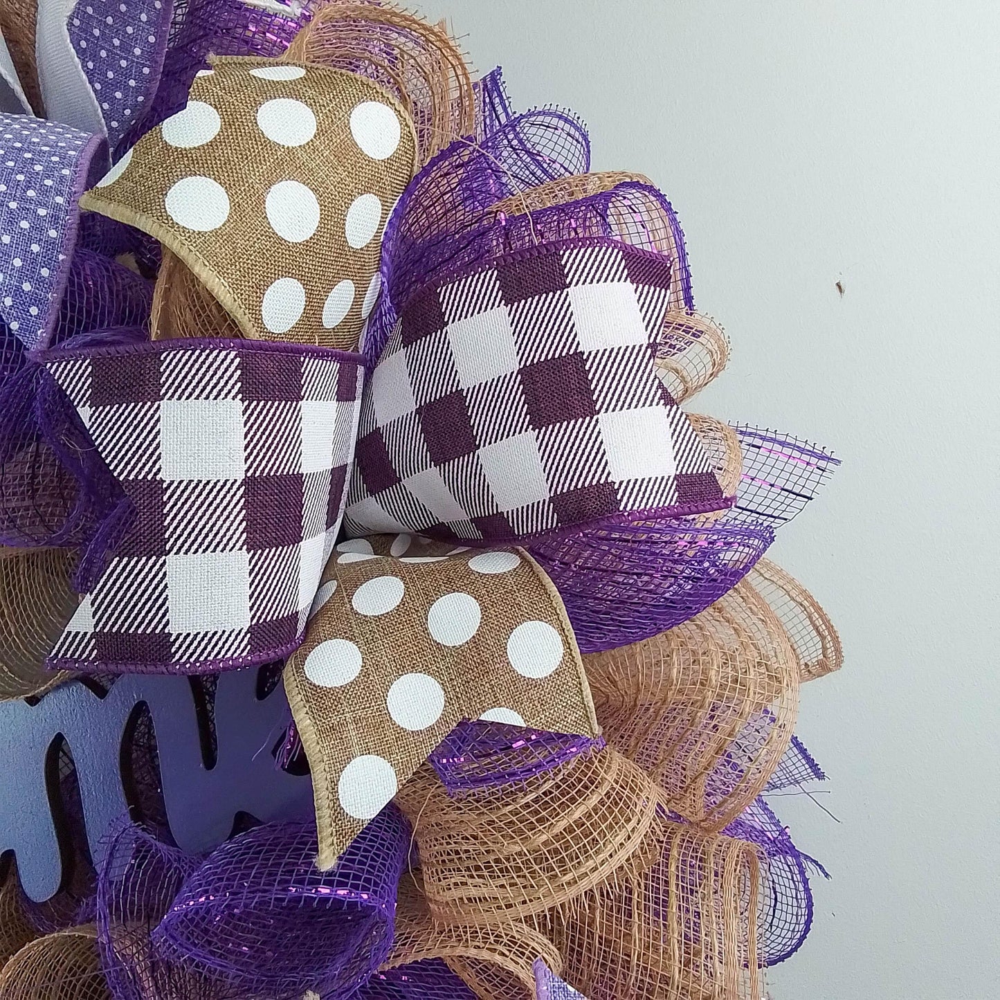 Mother's Day Gift | Jute burlap everyday year round welcome wreath; purple white brown - Pink Door Wreaths