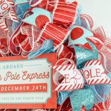North Pole Wreaths - Santa Claus Wreath Ideas - Express Train Christmas Mesh Outdoor Front Door Decor - White Red Turquoise - Pink Door Wreaths