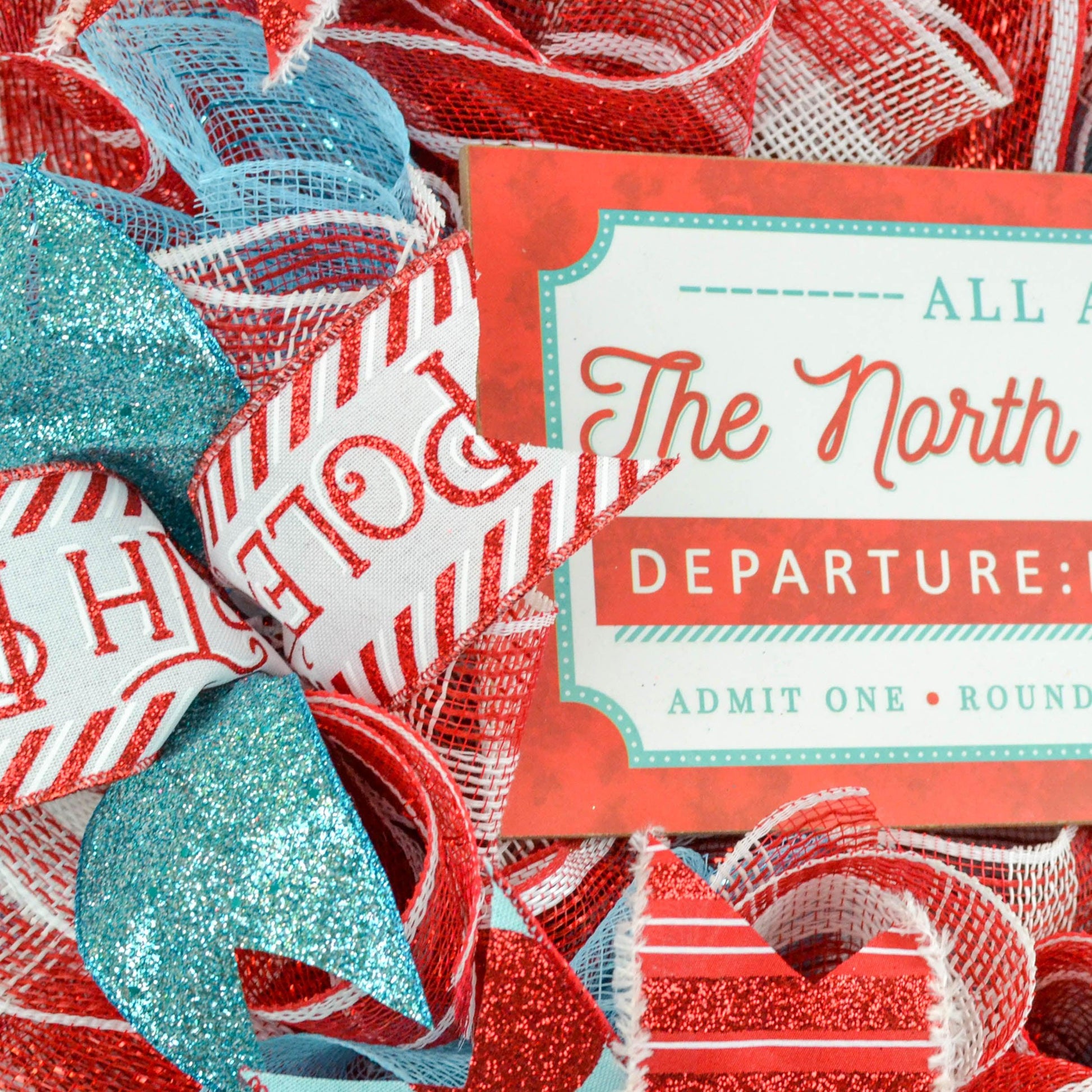 North Pole Wreaths - Santa Claus Wreath Ideas - Express Train Christmas Mesh Outdoor Front Door Decor - White Red Turquoise - Pink Door Wreaths