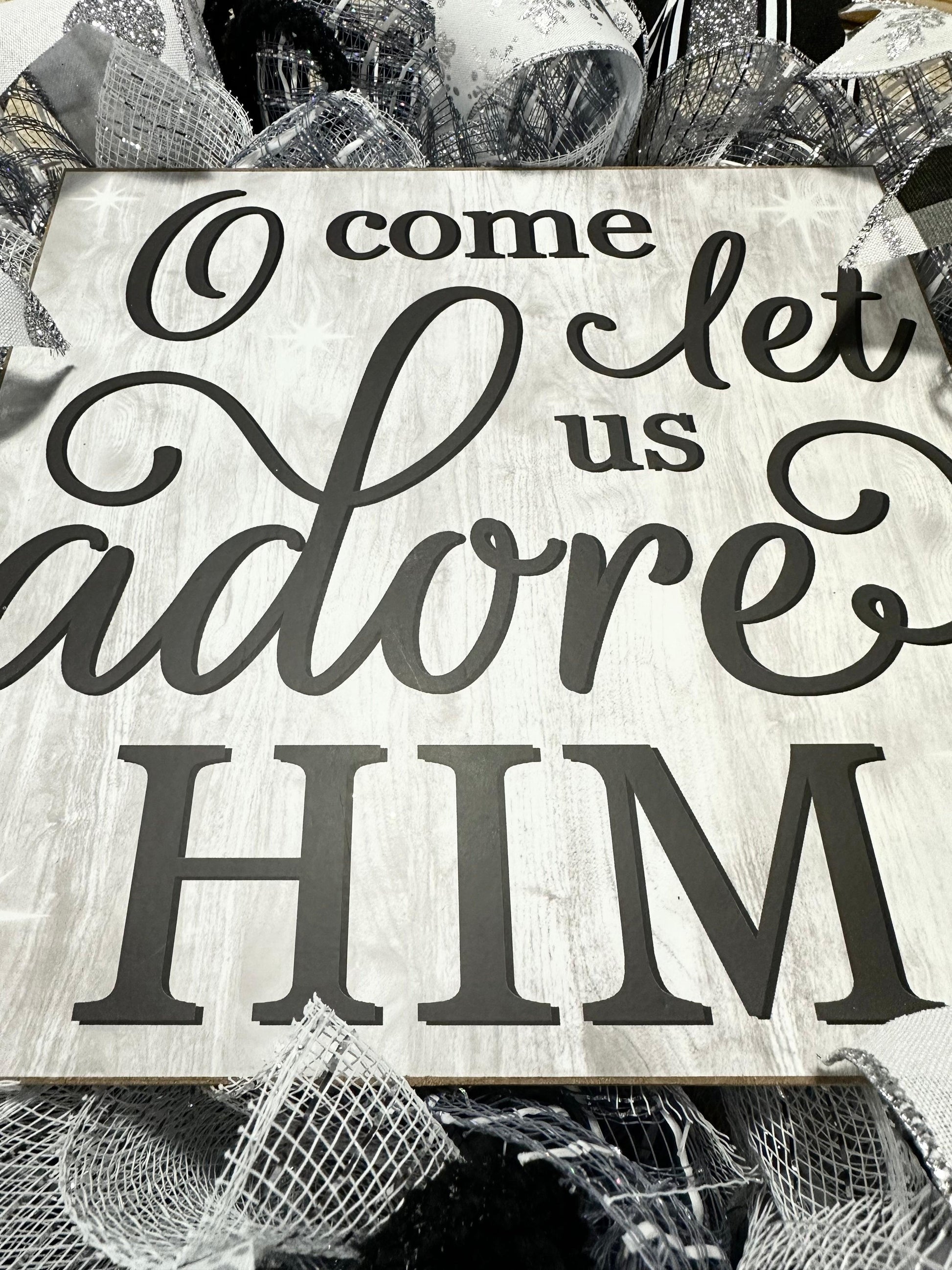 O Come Let Us Adore Him Wreath - Christmas Church Christian Religious Front Door Wreath - Black White Grey Silver - Pink Door Wreaths