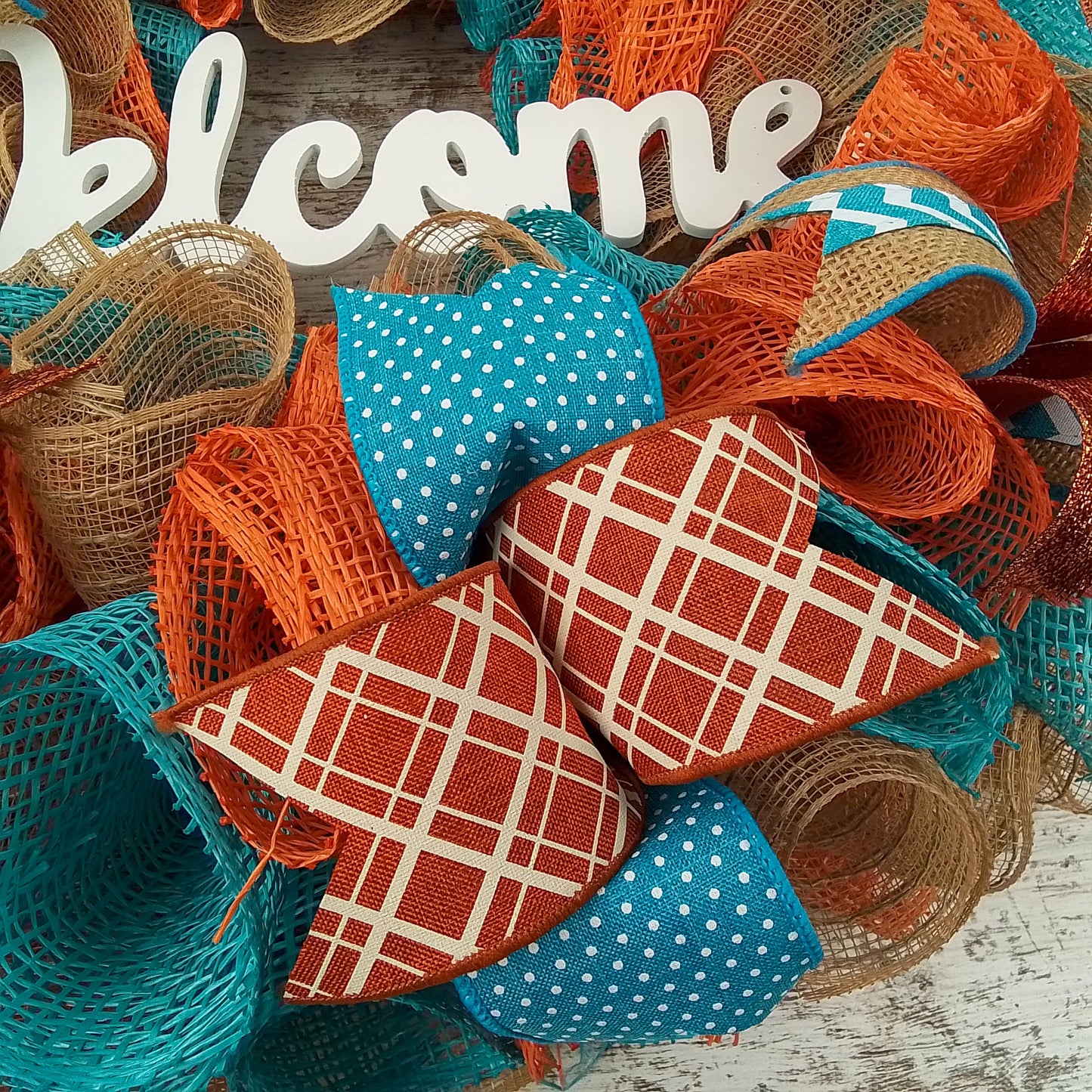 Orange and Turquoise Fall Wreath - Thanksgiving Welcome Wreath - Everyday Door Wreath - White Teal