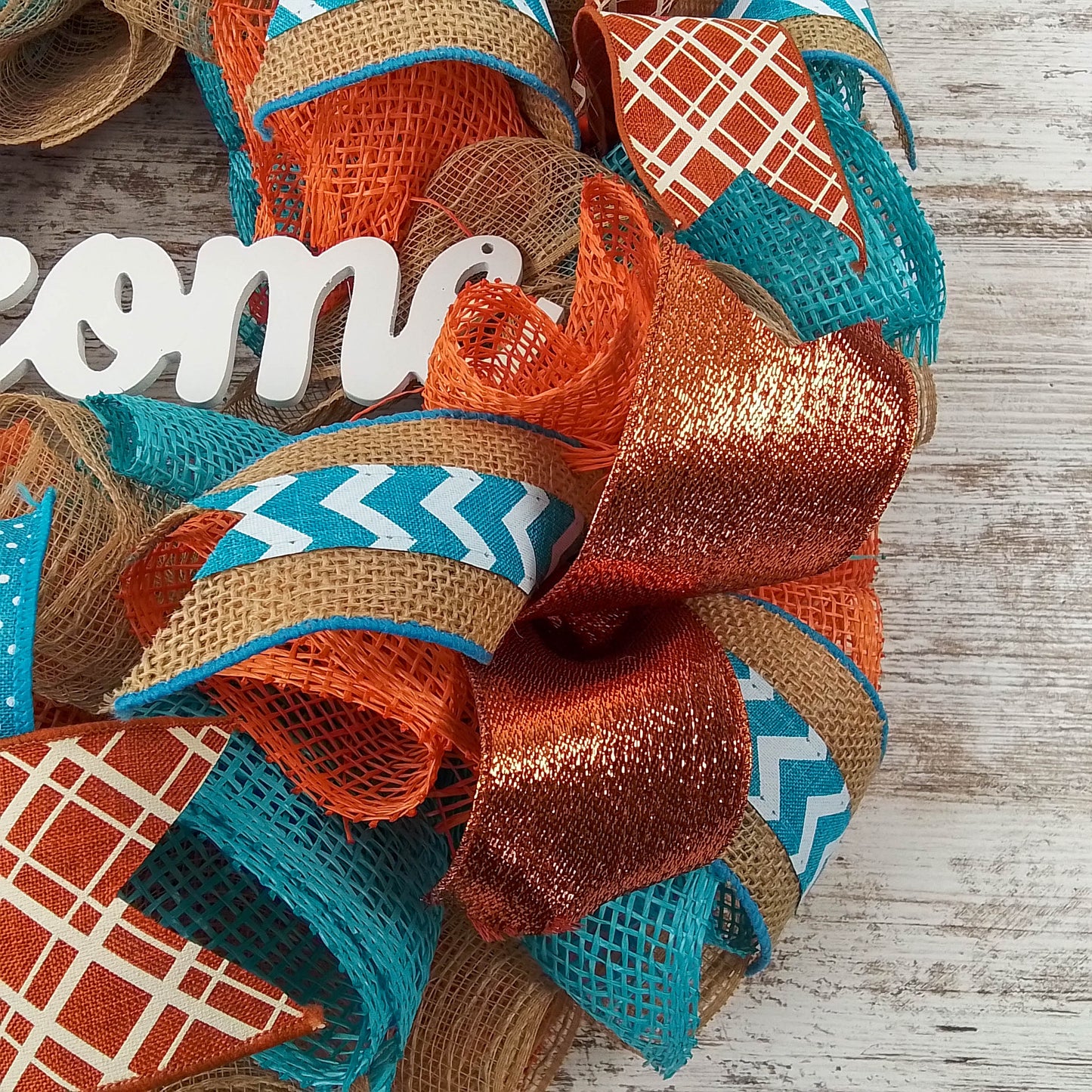 Orange and Turquoise Fall Wreath - Thanksgiving Welcome Wreath - Everyday Door Wreath - White Teal