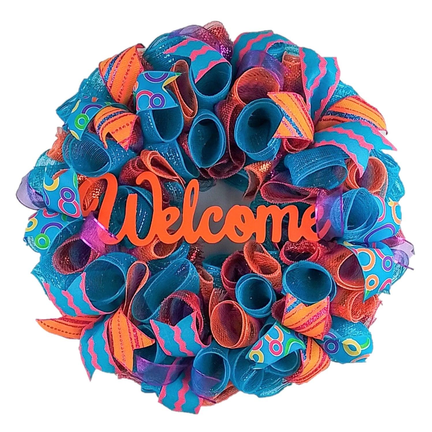 Orange and Turquoise Spring Wreath - Summer Welcome Decor - Everyday Door Decorations - Pink Teal - Pink Door Wreaths