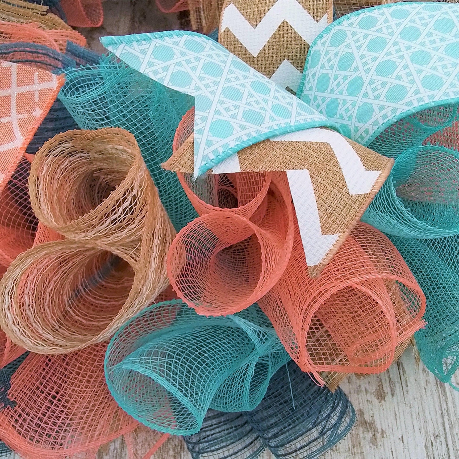 Pastel Year Round Wreath, Everyday Wreath for Front Door, Coral, Denim Blue, Mint, Jute - Pink Door Wreaths