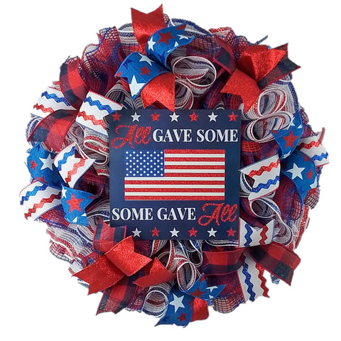 Patriotic USA Some Gave All Wreath - Fourth of July Independence Day Mesh Door Wreath - Red White Blue Flag Decoration - Pink Door Wreaths