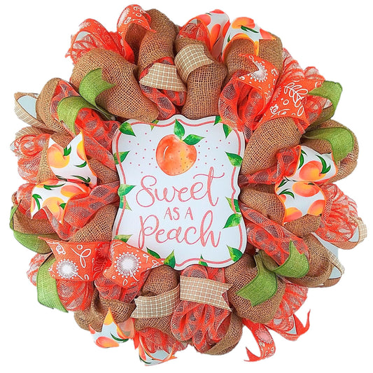 Peach Summer Wreath - Welcome Orange Spring Decor - Front Porch Decorations - Pink Door Wreaths