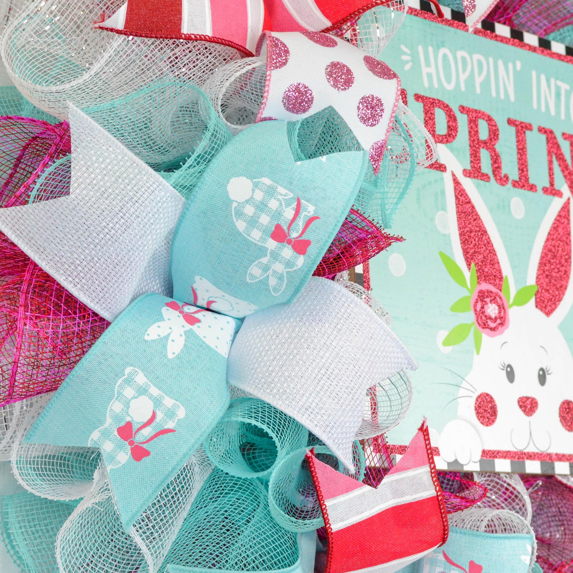 Pink and Turquoise Hopping into Spring Wreath - Summer Decor - Easter Door Decorations - Pink Turquoise Bunny Wreaths - Pink Door Wreaths