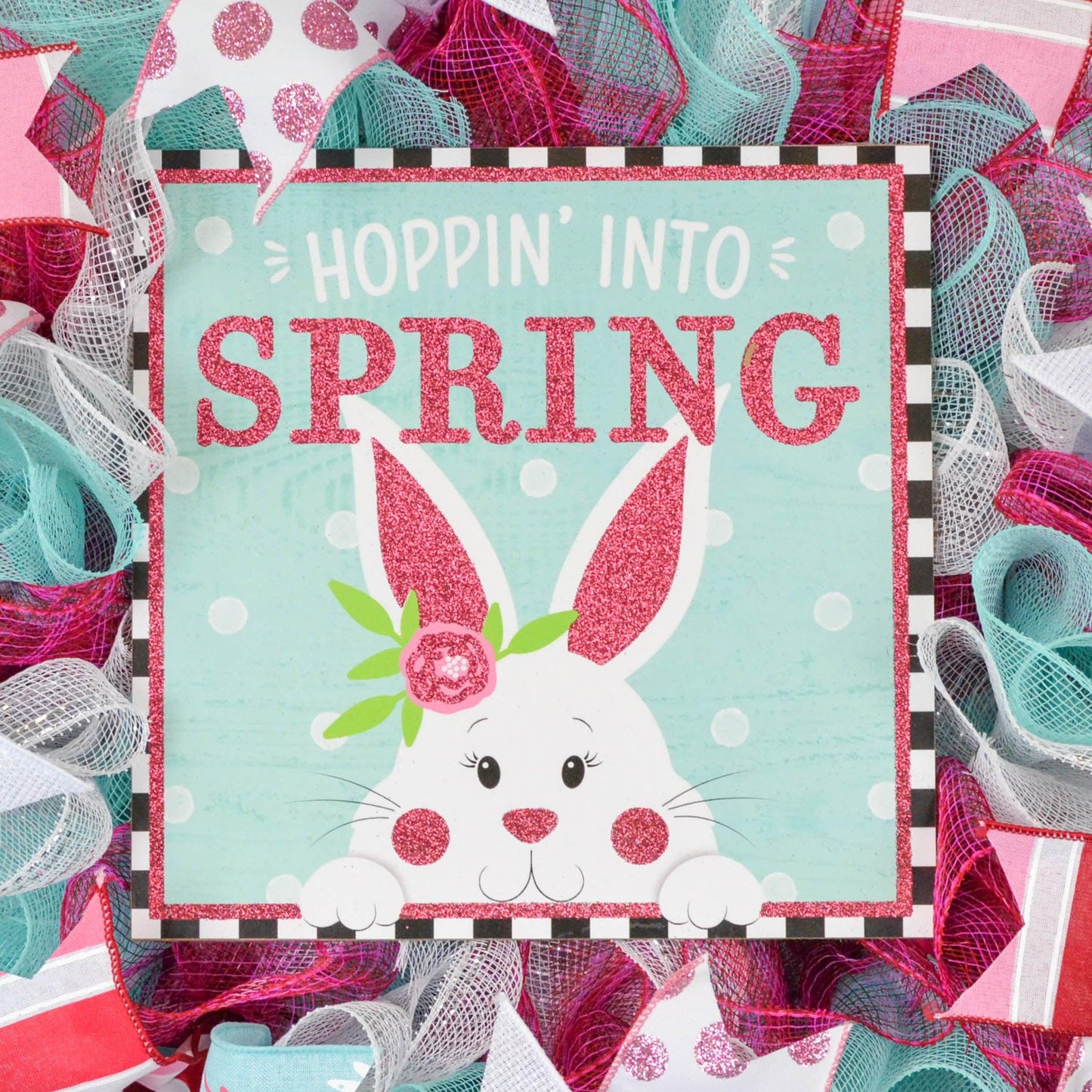 Pink and Turquoise Hopping into Spring Wreath - Summer Decor - Easter Door Decorations - Pink Turquoise Bunny Wreaths - Pink Door Wreaths