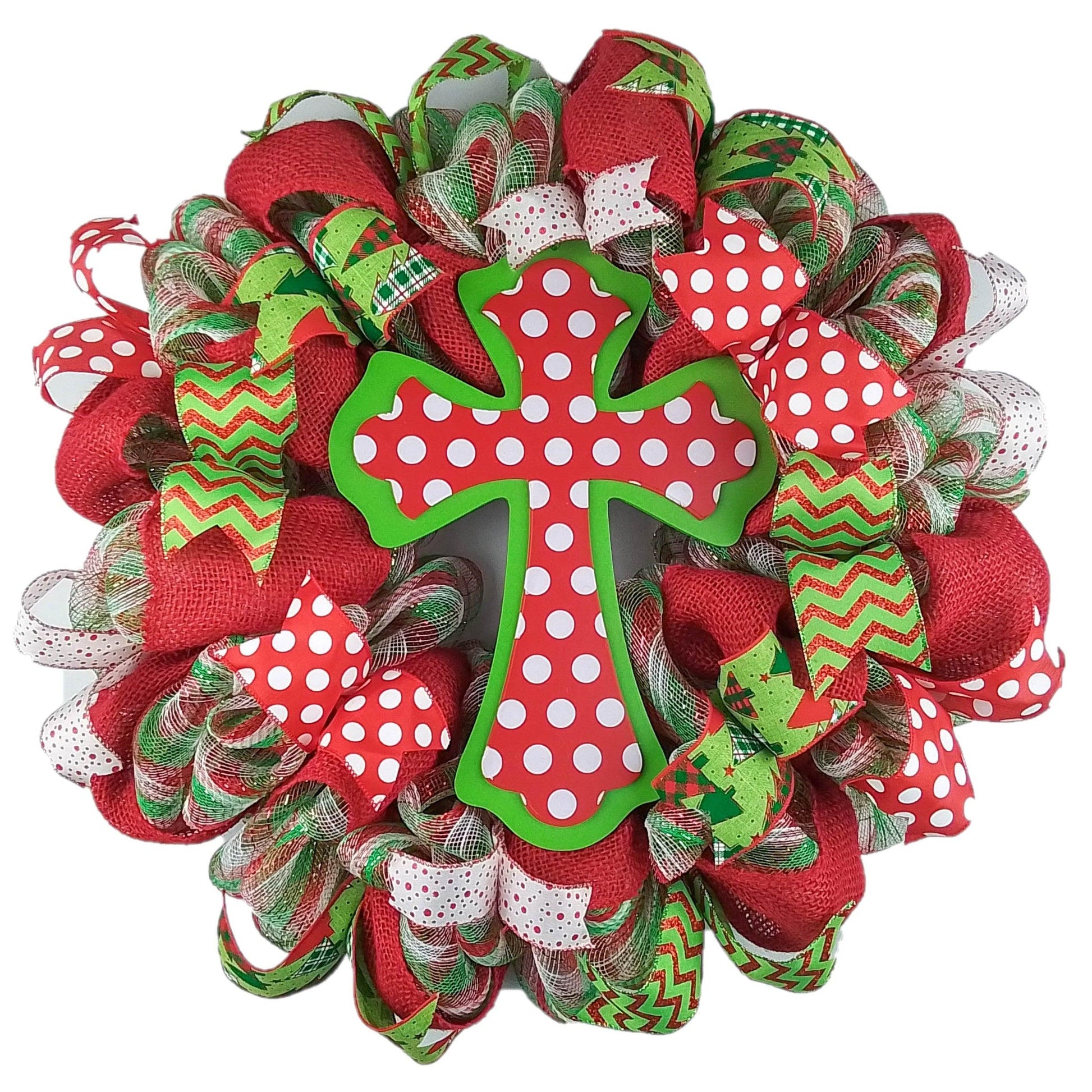 Polka Dot Cross Christmas Wreath - Church Christian Religious Front Door Wreath - Red Emerald Green White Farmhouse - Pink Door Wreaths