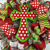 Polka Dot Cross Christmas Wreath - Church Christian Religious Front Door Wreath - Red Emerald Green White Farmhouse - Pink Door Wreaths
