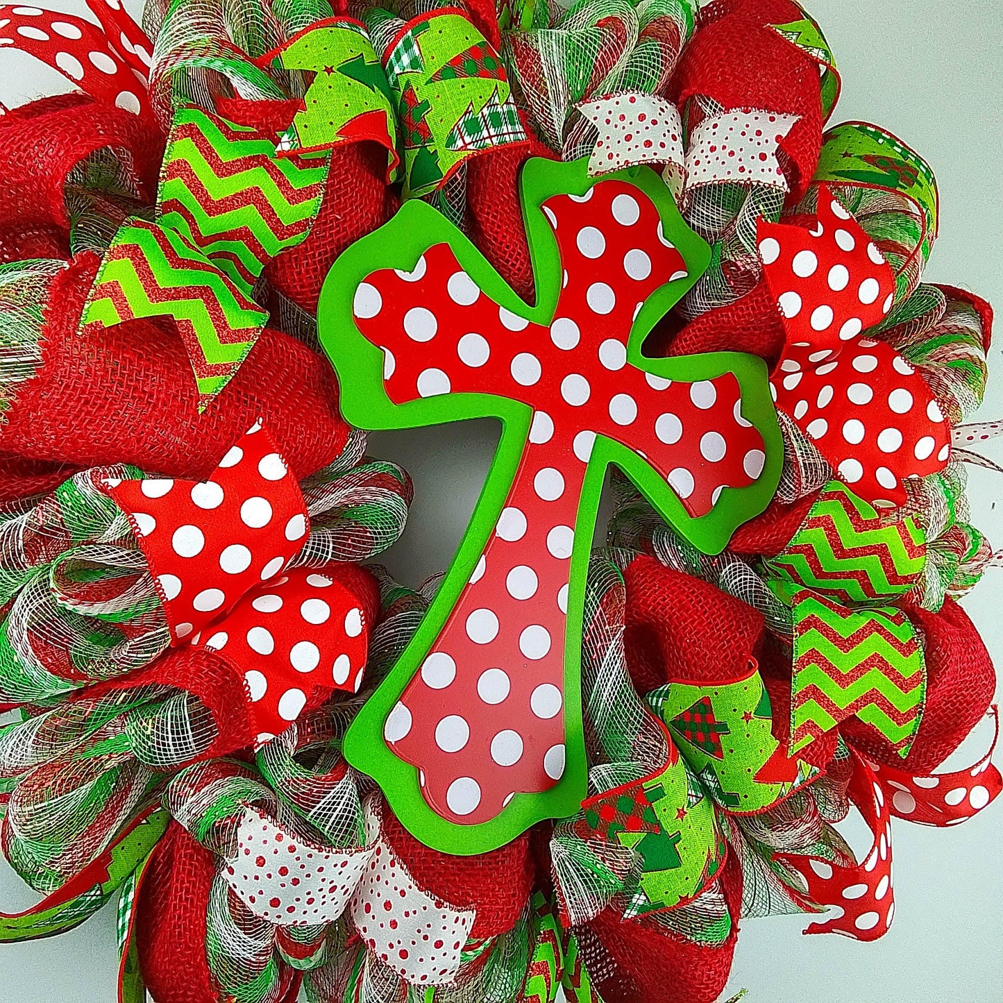 Polka Dot Cross Christmas Wreath - Church Christian Religious Front Door Wreath - Red Emerald Green White Farmhouse - Pink Door Wreaths