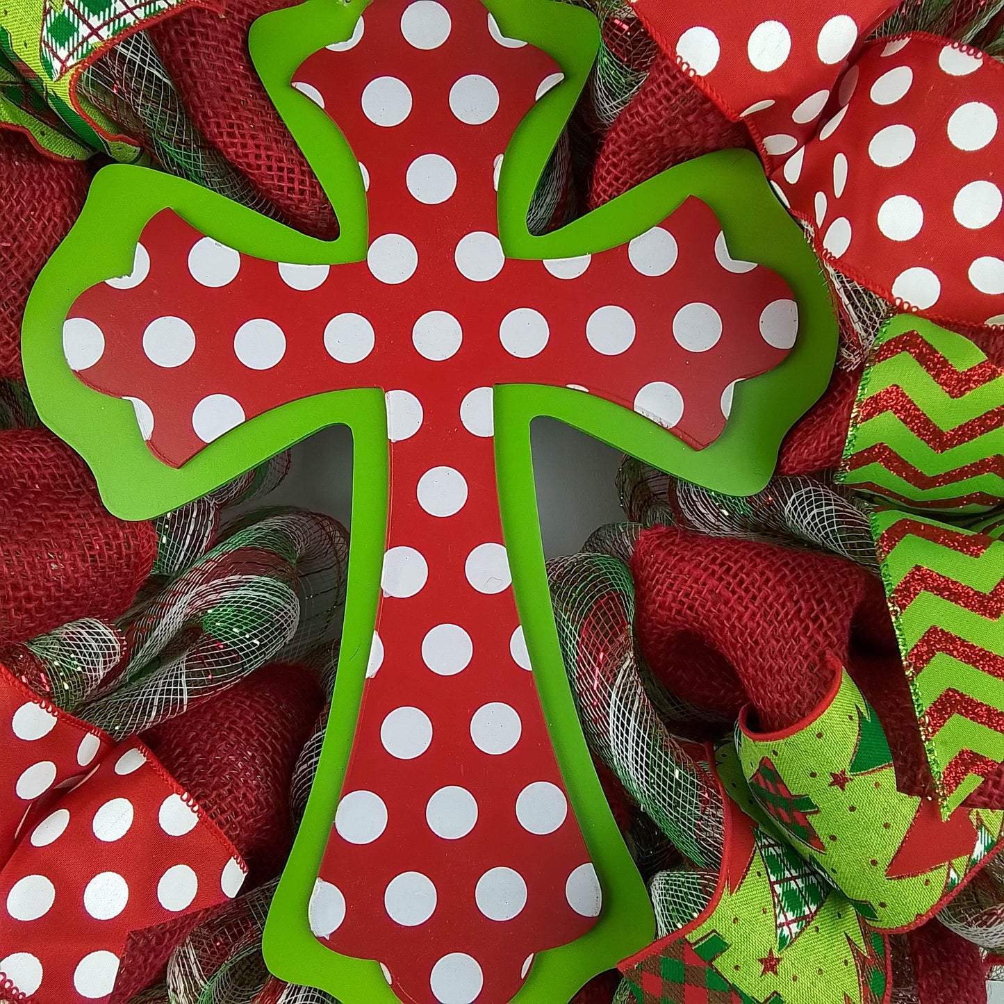 Polka Dot Cross Christmas Wreath - Church Christian Religious Front Door Wreath - Red Emerald Green White Farmhouse - Pink Door Wreaths