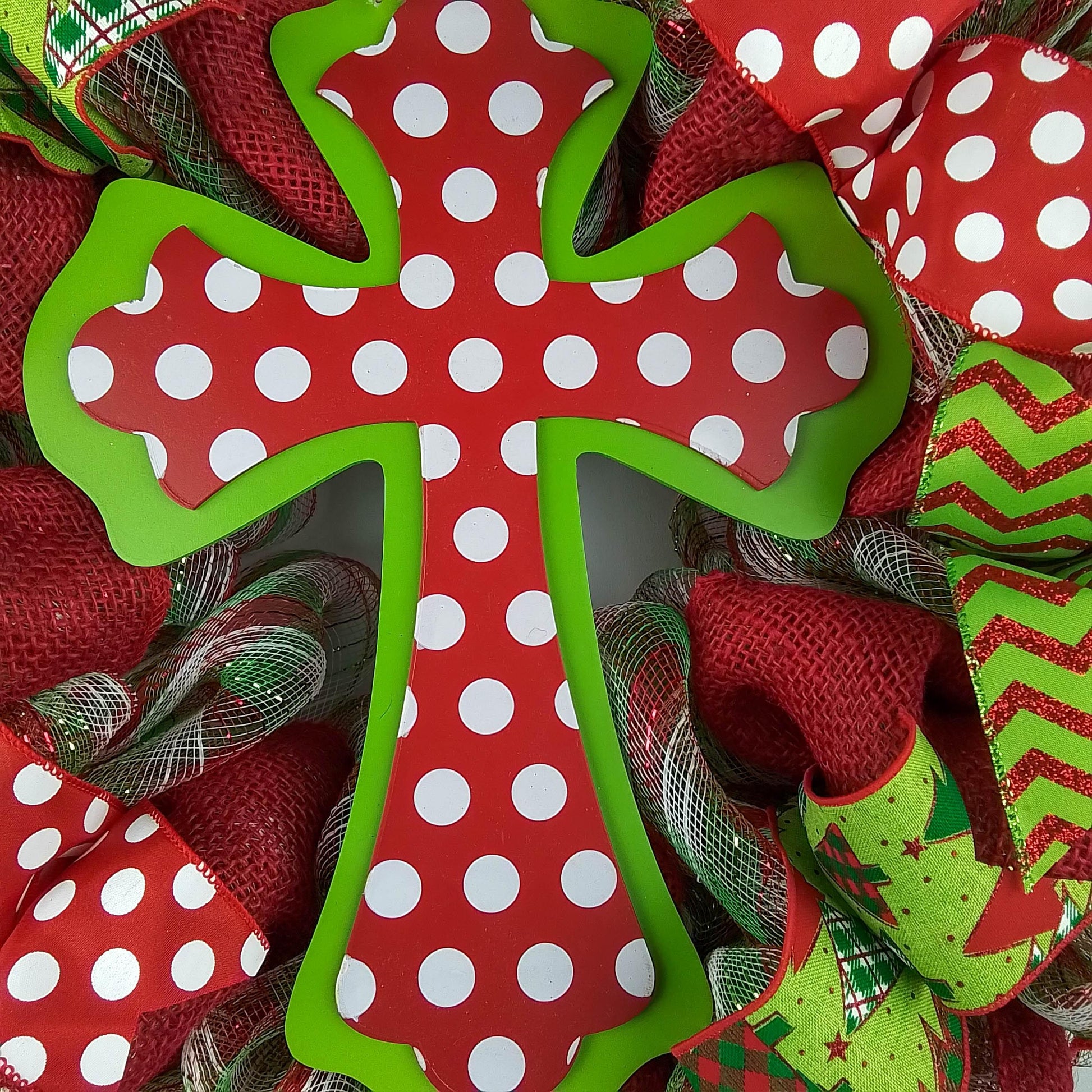 Polka Dot Cross Christmas Wreath - Church Christian Religious Front Door Wreath - Red Emerald Green White Farmhouse - Pink Door Wreaths